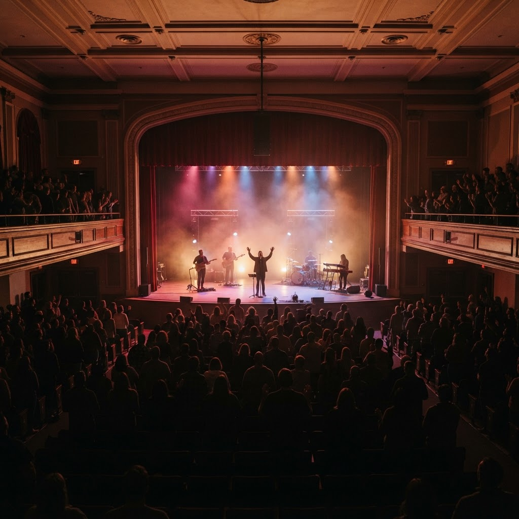 Interior of Nantwich Civic Hall set up for worship with warm stage lighting